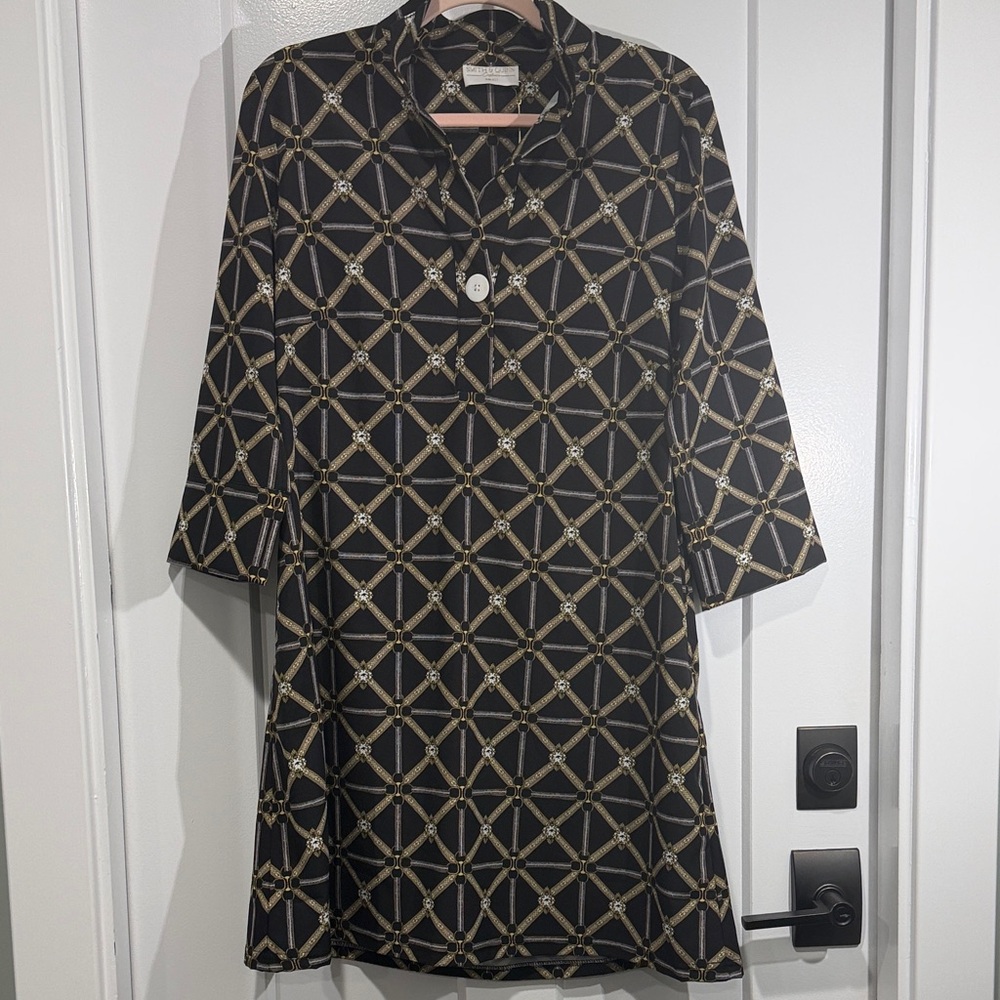 Smith & Quinn Black Mini Dress with Gold Horse Bit Chain-Print